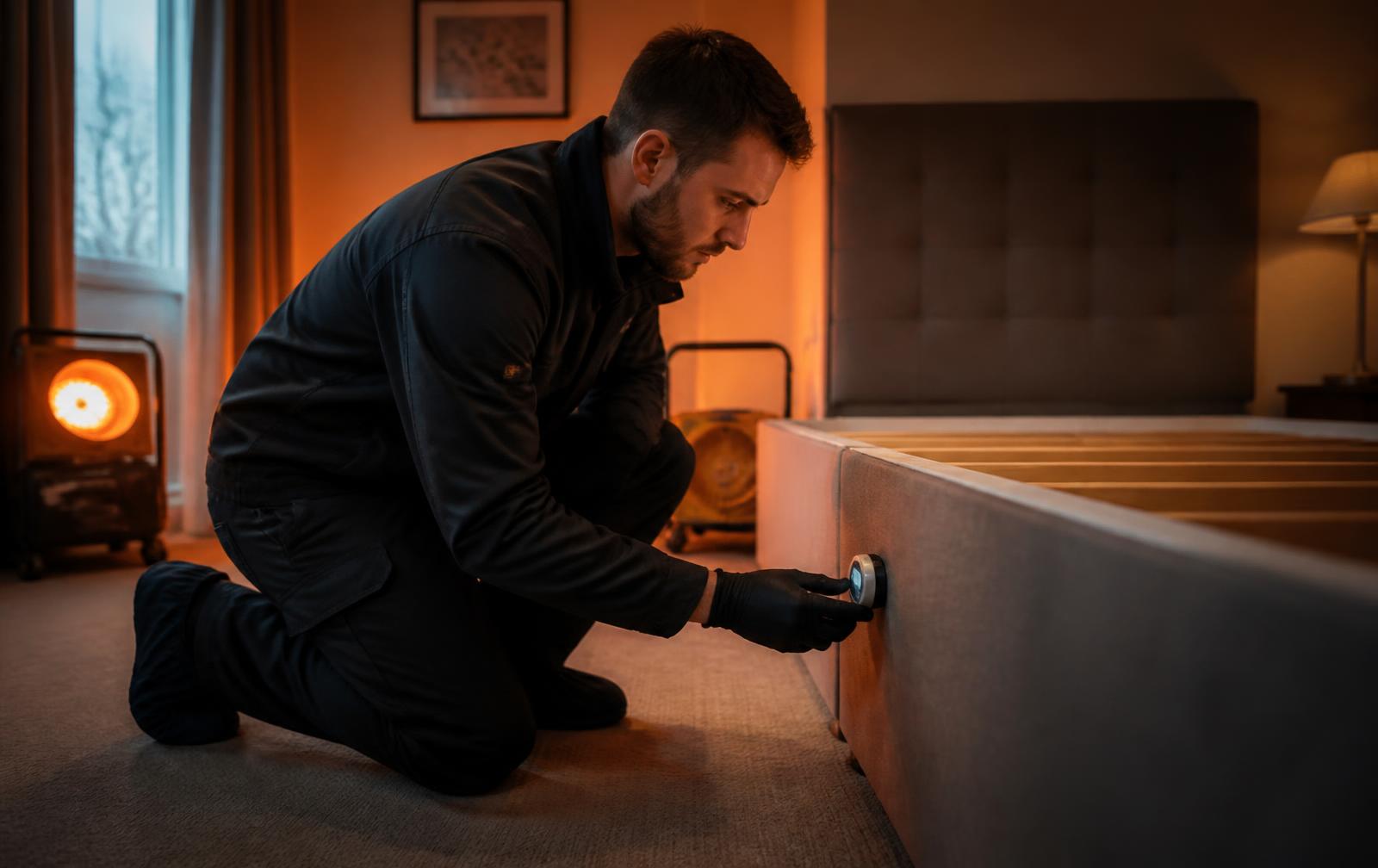Technician positioning a wireless temperature monitoring sensor on a divan base beside a stripped bed frame