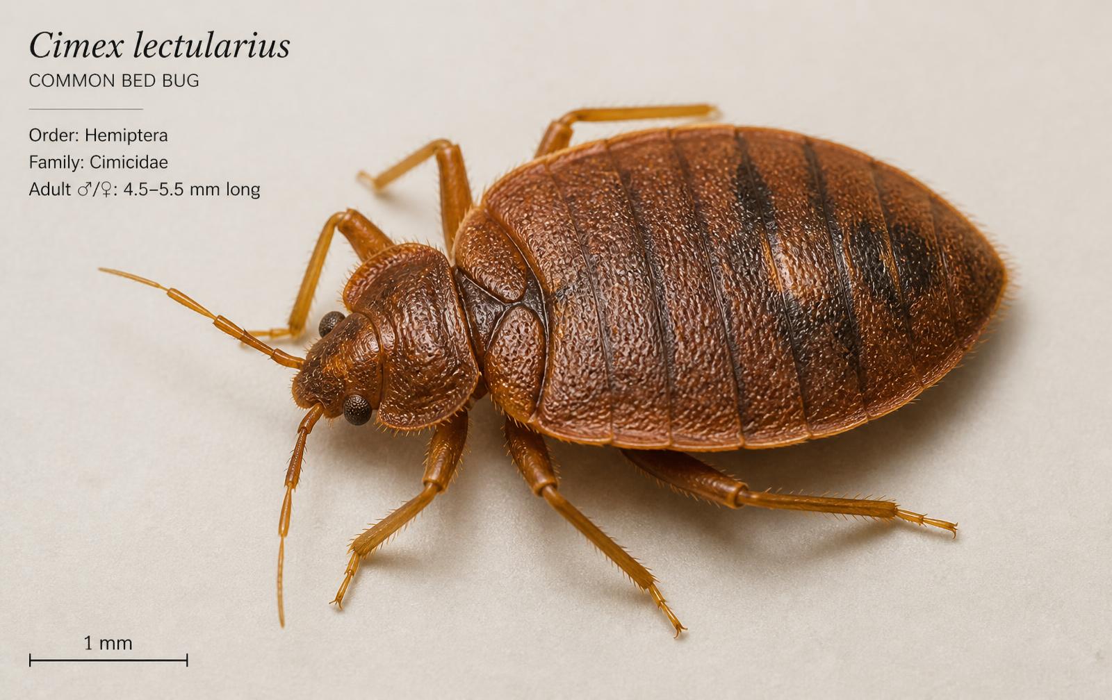 Illustrative macro reference image of an adult bed bug showing its flat oval reddish-brown body