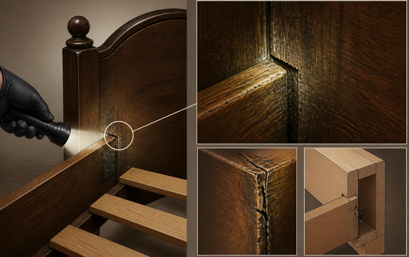 Illustrative reference image of a bed frame joint and headboard crevice being inspected with a torch