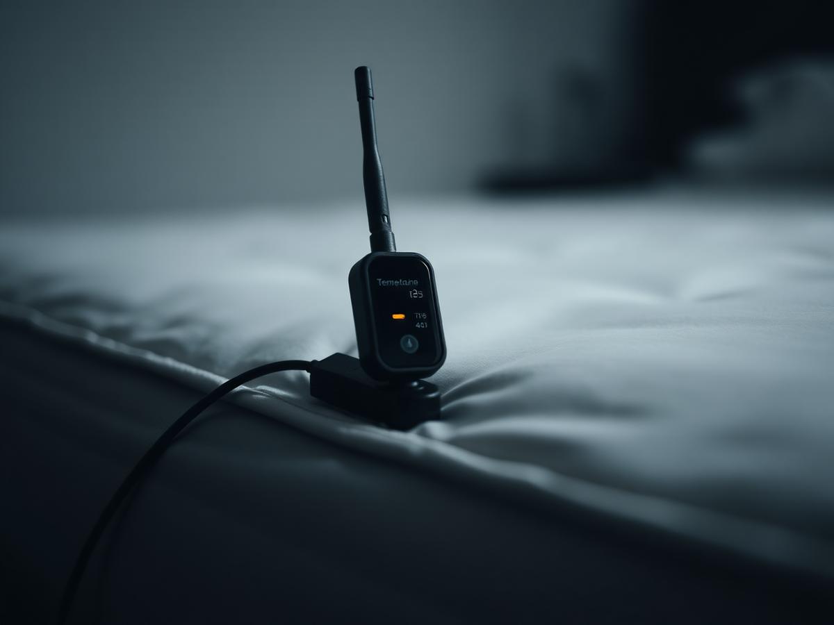 Wireless temperature monitoring probe positioned on a mattress during a bed bug heat treatment