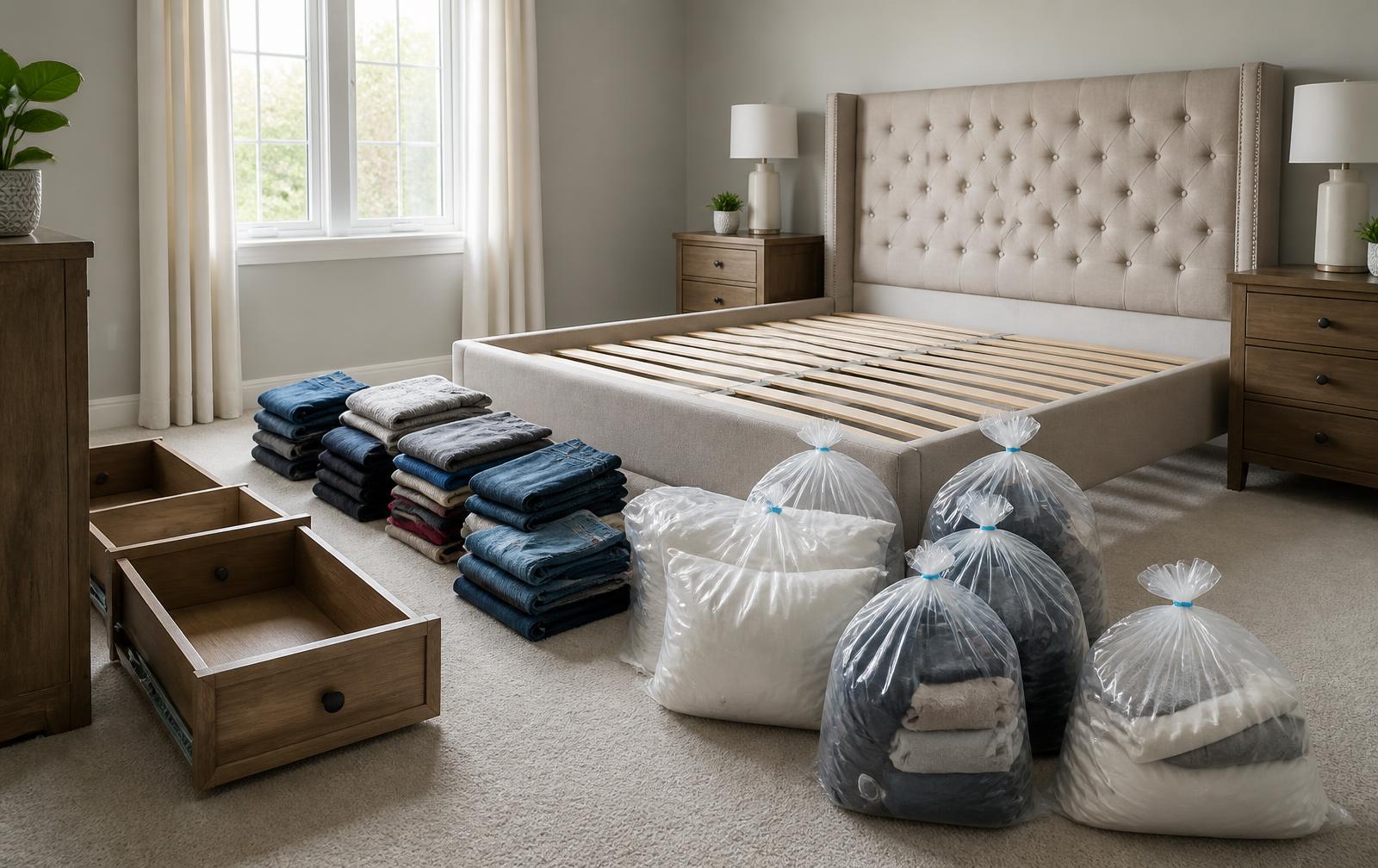 Bedroom being prepared for heat treatment with drawers opened, bedding removed and clothing laid out