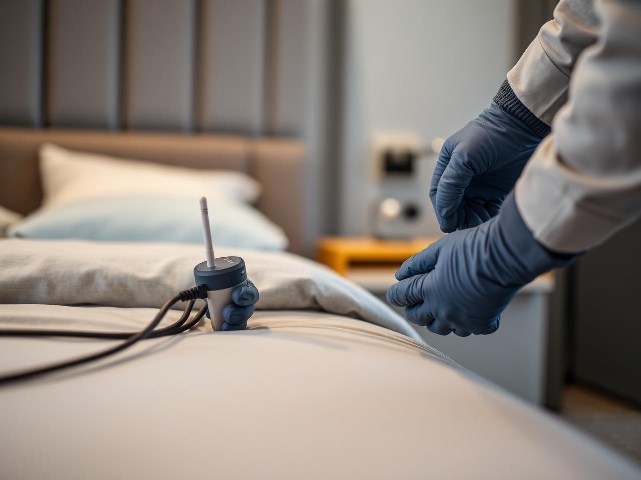Gloved technician positioning a wireless temperature probe on a bed during a heat treatment