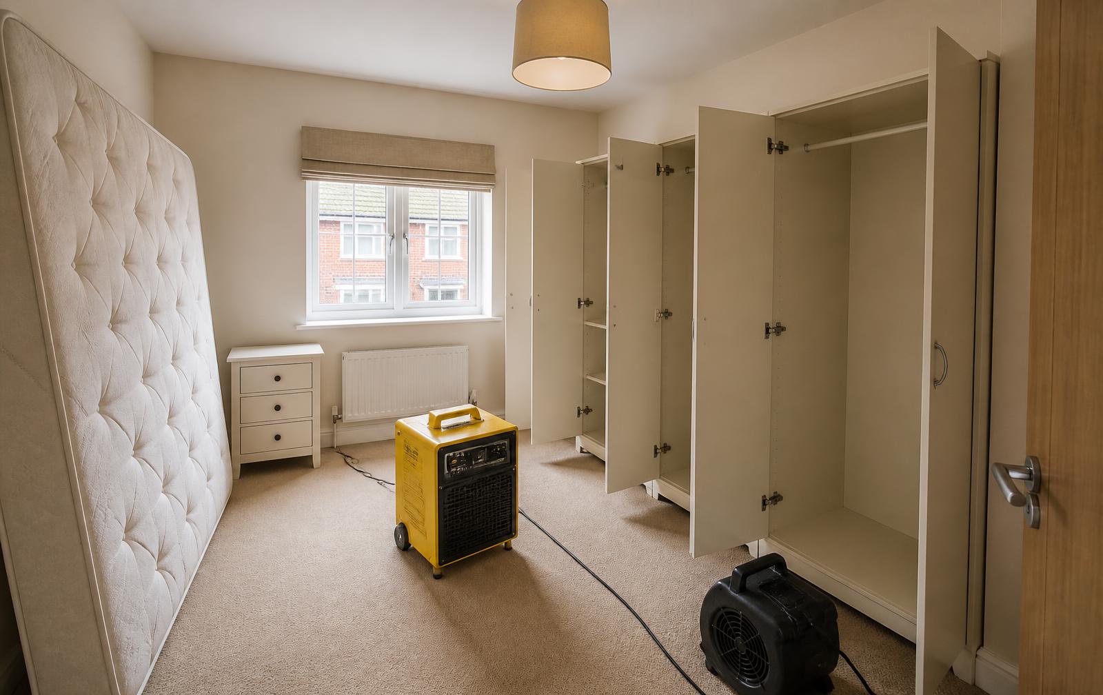 Professional heating and air-movement equipment positioned in a bedroom during a controlled heat treatment