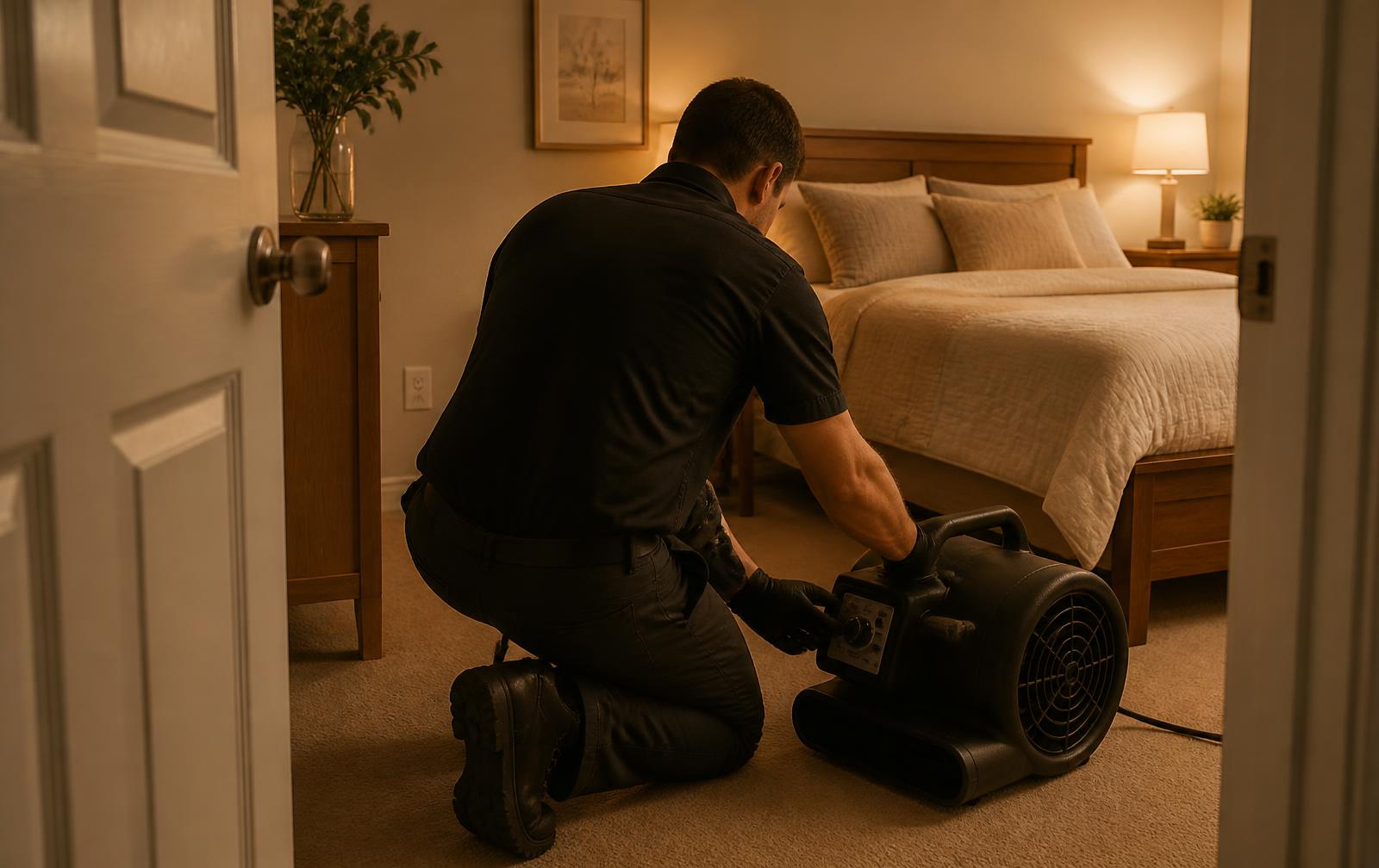 Technician in plain workwear positioning heat treatment air movement equipment in a bedroom