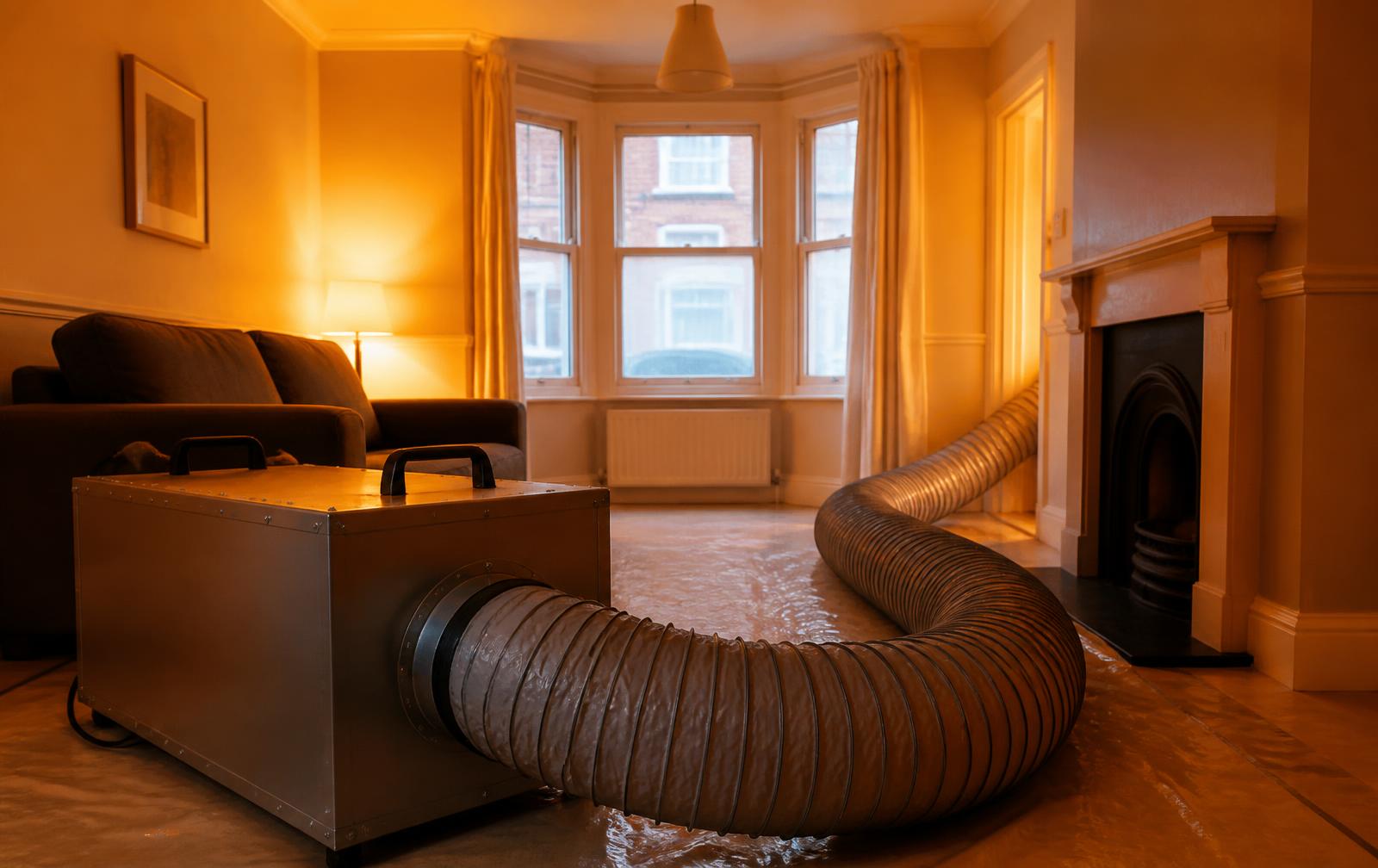 Heat treatment equipment and ducting distributing heat through a UK living room